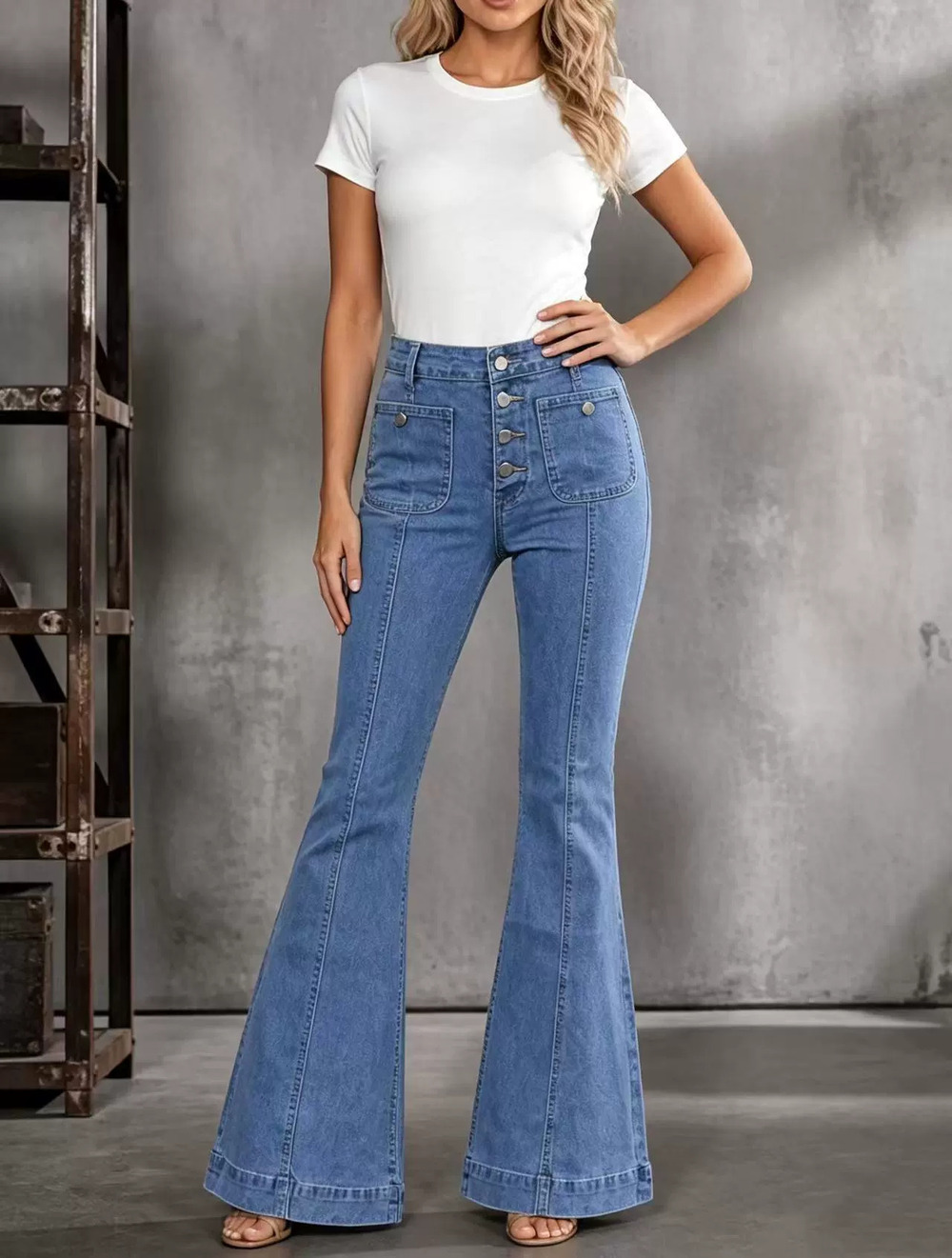 ZARA Women High Waist Flared Slim Jeans Button Front Stylish